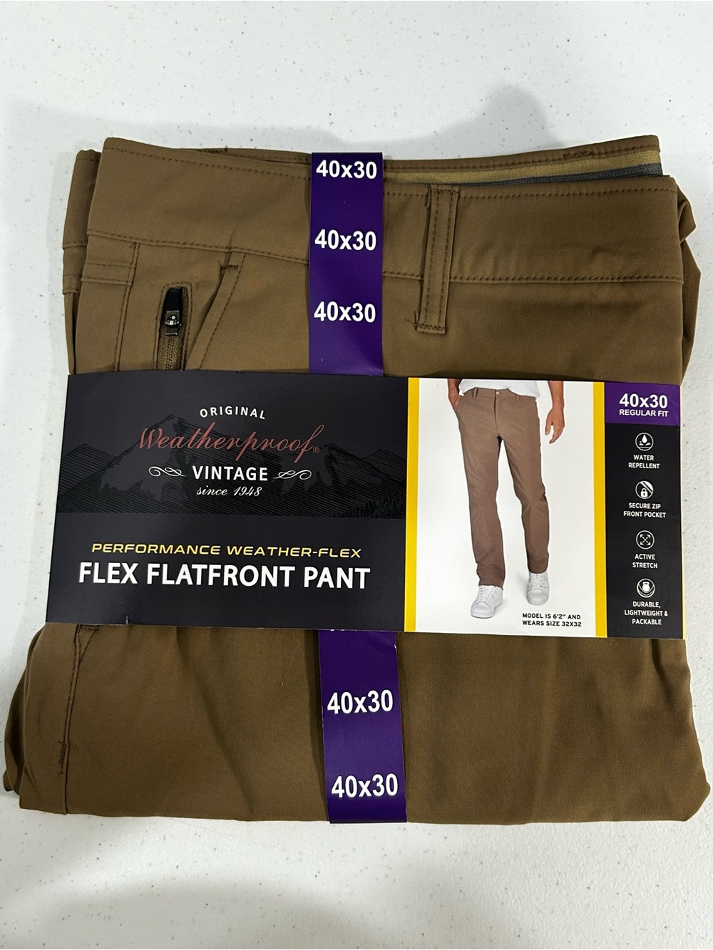 Weatherproof Vintage | Flex Flatfront Pant | Khaki | Men’s | 40x30 | NWT